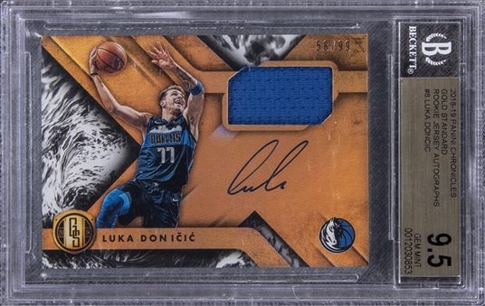 2018-19 Panini Chronicles Gold Standard Rookie Jersey Autographs #8 Luka Doncic Signed Patch Rookie Card (#56/99) - BGS GEM MINT 9.5/BGS 10
